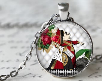 Queen of Hearts Victorian Style, Vintage Alice Necklace, Pendant or Key Chain - Alice Necklace, Black, Red, Off With Her Head