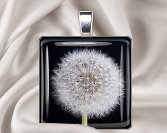 Dandelion Puff on Black Background - Square Pendant - Glass Tile Pendant Necklace - flower necklace, Dandelion Necklace, Dandelion Pendant