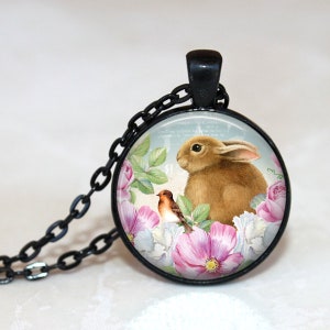 Bunny Necklace, Easter Necklace, Bunny Pendant, Rabbit Necklace, Rabbit and Bird, Spring Flowers, Easter Key Chain, Easter Gift, Flowers image 3