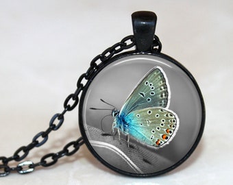 Simple Butterfly Pendant, Necklace or Key Chain - Choice of 4 Bezel Colors - One Inch Round, Black & White, Pastel