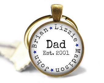 Dad, Est. Date with Names - Key Chain in choice of Silver, Bronze, Copper or Black - Hearts or Stars - Father's Day