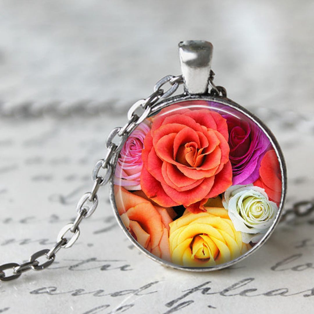 Rainbow Roses Pendant Necklace or Key Chain Flowers - Etsy