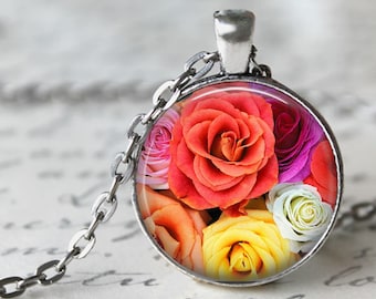 Rainbow Roses Pendant, Necklace or Key Chain - Flowers - Choice of Silver, Bronze, Copper or Black - Flower Necklace, Rose Necklace