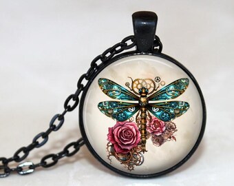 Steampunk Dragonfly Pendant, Dragonfly Necklace, Steampunk Necklace, Roses, Dragonfly Key Chain, Steam punk Key Ring, Dragonfly with flowers
