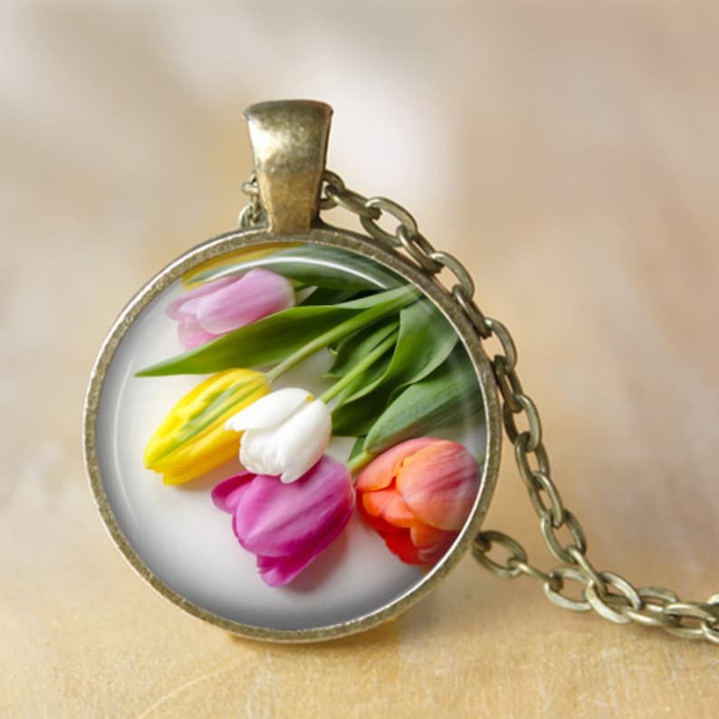 Tulip Necklace, Vibrant Tulips Pendant Necklace, Flower Pendant, Colorful Tulips, Tulip Key Chain, Spring Jewelry, Tulip Jewelry image 2