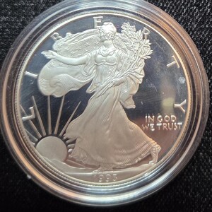 May include: A silver coin encased in a clear plastic holder. The coin features a woman in a flowing gown holding a branch, with the words "IN GOD WE TRUST" and the year "1993" visible. The coin's rim is inscribed with the words "LIBERTY" and "UNITED STATES OF AMERICA".