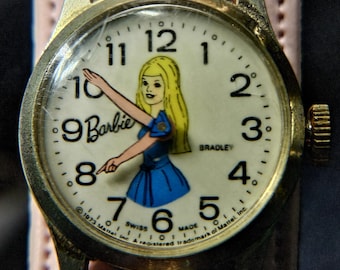 Rare 1970s Barbie Wrist Watch Swiss Made Manual Wind Pink Snap Strap Retro Mattel Collectible