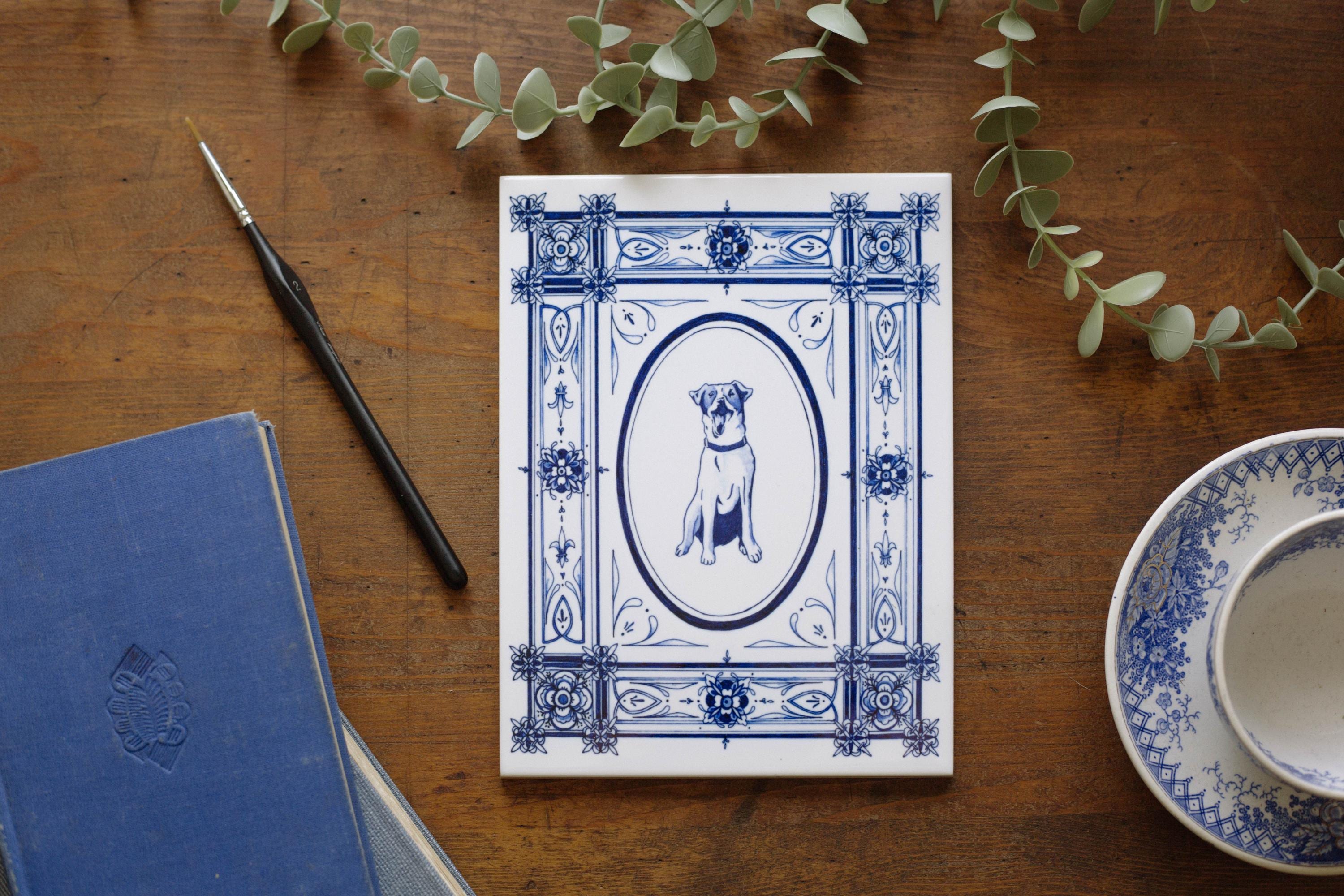 Custom Ceramic Tile Pet Portrait | Delft Tile Blue and White Monochrome Dog Blue and White Chinoiserie Decor