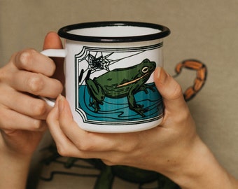 Frog and Scorpion Fable Enamel Camp Mug | Outdoor Drinkware | Whimsical Victorian Storybook Illustration