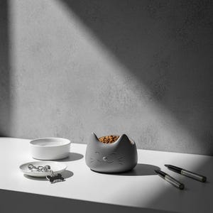 May include: A gray cat-shaped pet food bowl filled with dry food, a white ceramic bowl, and a small white dish with a dog-shaped keychain. Two pens are on the white surface. The background is a gray wall with a beam of light.