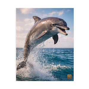 May include: A gray dolphin leaps from the blue ocean water, with its mouth open and water splashing around it. The background features a blue sky with scattered clouds. The image is a vibrant depiction of marine life.
