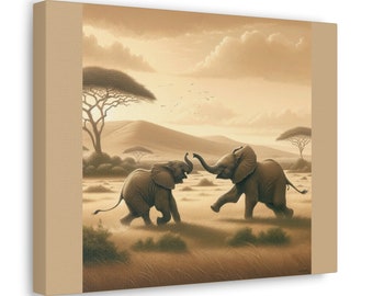 Playful Elephant Wall Art Animal Wall Art for Nursery Kid Room Decor- Tan Canvas Wrap