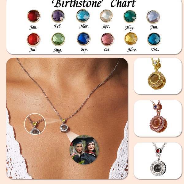 Custom Photo Projection Necklaces With Birthstones, Personalized Memorial Photo Pendants, Mother's Day, Birthday Gifts, Graduation Presents