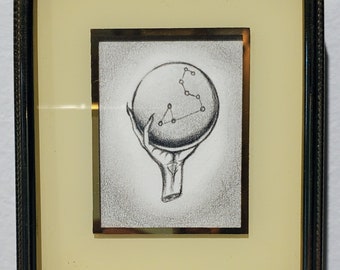 Leo Constellation disembodied hand with crystal ball miniature framed original pencil drawing