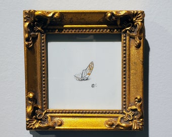 Gilded feather tiny miniature framed graphite drawing with gold paint original art