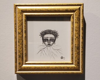 Untitled Little Frida Kahlo head miniature original graphite drawing framed