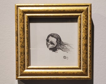Little severed head miniature original drawing on paper framed