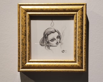 Miniature Framed Graphite Drawing: Little Prophetic Head Portrait Sketch 4x4 inch