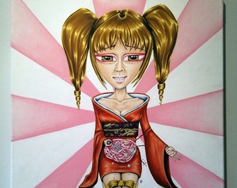 Seppuku-Big Eye Pop Surrealism Original Acrylic Painting 16x20-By Alexandria Sandlin Cherrybones