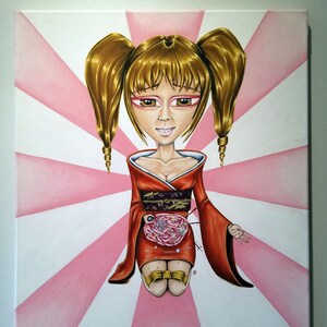 May include: A painting of a cartoon woman with blonde pigtails wearing a red kimono. The background features pink and white rays. The woman has a candy-like object in her stomach and gold bows on her legs.