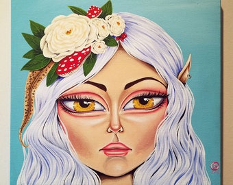 Original Acrylic Painting: Forest Elf with Mushrooms Fantasy