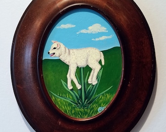 Vegetable Lamb of Tarterry-Pop Surrealism Fantasy Original Acrylic Painting 6x7.5-By Alexandria Sandlin Cherrybones