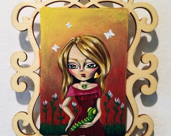 Pop Surrealist Big Eye Painting: Little Friend Miniature Creature Art 3.5x5 inch