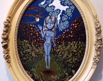 The Golden Apple Art | Big Eye Pop Surrealism Original Painting 11.5x16 Framed | Blue Hair Nude Fantasy Acrylic Canvas | Alexandria Sandlin