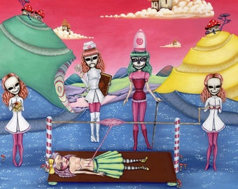 Cotton Candy Inquisition Painting: Big Eye Pop Surrealism, Whimsical Macabre Acrylic Canvas