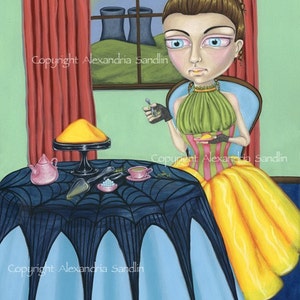May include: A woman in a yellow dress sits at a table with a black lace tablecloth. She is holding a spoon and a small plate with a yellow substance on it. There is a teapot, a cup of tea, and a cake stand with a yellow cake on it. The window behind her shows two industrial chimneys in the distance. The text "Copyright Alexandria Sandlin" appears three times in the image.