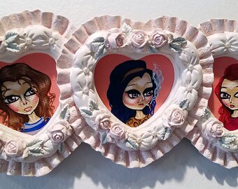 Three Sisters-Big Eye Pop Surrealism Original Miniature Acrylic Painting 8x3-By Alexandria Sandlin Cherrybones