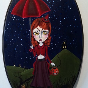 May include: A girl in a red dress and witch hat walks through a dark forest holding a red umbrella and a jack-o-lantern bucket. The night sky is full of stars and a crescent moon.