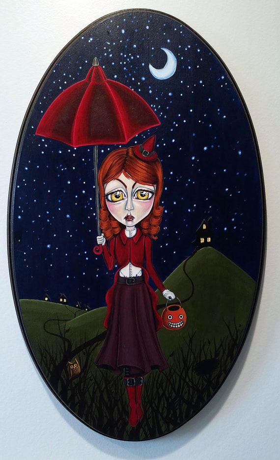 Halloween Witch Painting: Spooky Pop Surrealism Art, 12x20 Oval Wood Panel