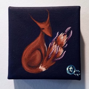 May include: A painting of a red fox with a purple and white tail on a dark blue background. The fox is sitting with its tail curled around its body. The painting is signed in the bottom right corner with a blue circle.