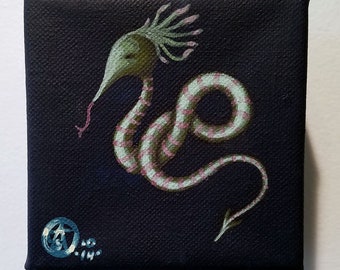 Little Wyrm-Monster Pop Surrealism Original Acrylic Painting 4x4"-By Alexandria Sandlin Cherrybones