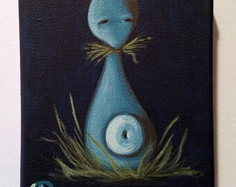 Blue monster-Monster Pop Surrealism Original Acrylic Painting 4x5"-By Alexandria Sandlin Cherrybones