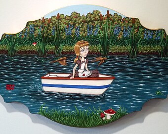 Ride Down The River-Big Eye Pop Surrealism Original Acrylic Painting 20x12-By Alexandria Sandlin Cherrybones