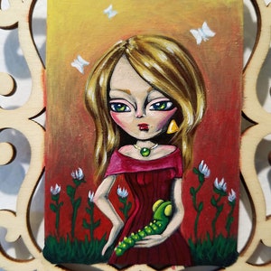 Little Friend-Fantasy Big Eye Original Pop Surrealist Acrylic Painting 3.5x5-By Alexandria Sandlin Cherrybones image 3