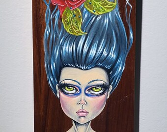 Untitled blue haired girl adorned with a red rose original acrylic painting on wood