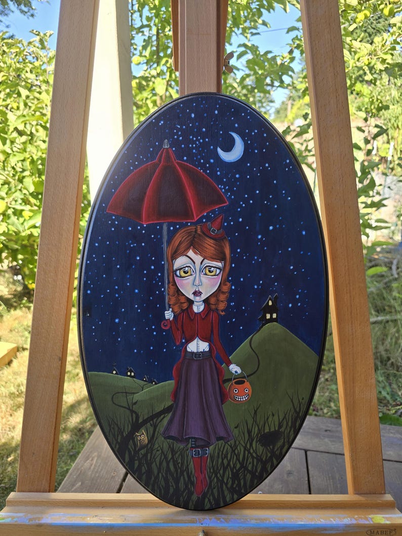 Halloween Witch Painting: Spooky Pop Surrealism Art, 12x20 Oval Wood Panel Bild 4