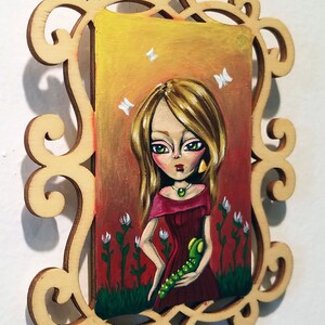 Little Friend-Fantasy Big Eye Original Pop Surrealist Acrylic Painting 3.5x5-By Alexandria Sandlin Cherrybones image 2