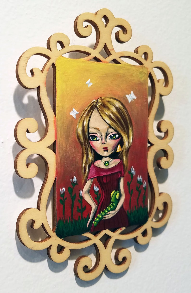 Little Friend-Fantasy Big Eye Original Pop Surrealist Acrylic Painting 3.5x5-By Alexandria Sandlin Cherrybones image 2