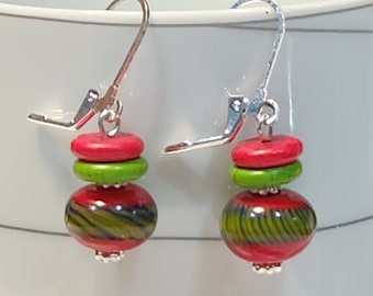 Cherry and Lime Candy lampwork glass earrings