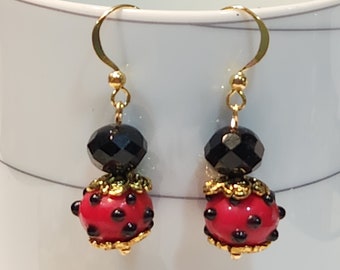 BUMPY black and red lampwork glass earrings