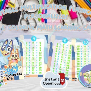 Puede incluir: Tarjetas de multiplicación imprimibles con el texto "Printable Multiplication Flashcards Personalized! Fun & Colorful Math Learning Cards." Las tarjetas presentan los personajes de dibujos animados Bluey y tablas de multiplicar.
