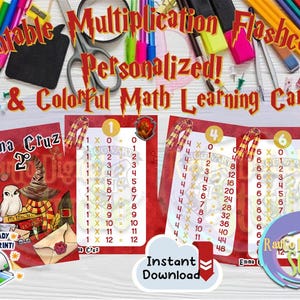 Puede incluir: Tarjetas de multiplicación personalizadas e imprimibles con fondo rojo. Las tarjetas presentan tablas de aprendizaje de matemáticas coloridas con los números 1, 4 y 6. El diseño incluye un tema de mago con el texto "Emma Cruz 2nd".