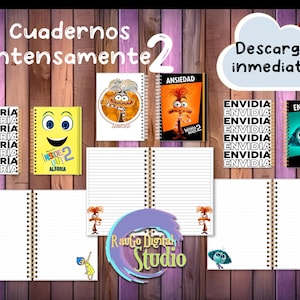 Puede incluir: Una colección de cuadernos con espiral con portadas que presentan personajes y texto de la película animada "Inside Out 2". Los cuadernos tienen páginas rayadas y punteadas. El texto incluye "ALEGRIA", "ANSIEDAD" y "ENVIDIA".