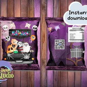 Ausdruckbare Halloween-Chipstüten | Lustige Partytüten | 5 Designs | 2 Bonus-Schokoladenverpackungen | Sofort-Download | PNG & PDF | KOSTENLOSES