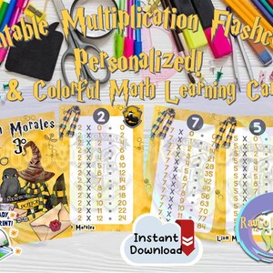 Puede incluir: Tarjetas de multiplicación imprimibles y personalizadas con colores vibrantes. La imagen presenta tablas de multiplicación, un icono de impresora y los textos «¡Listo para imprimir!» y «Descarga instantánea».