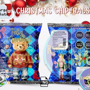 May include: Christmas-themed chip bag design. The front features a teddy bear in a festive sweater, the words "Feliz Navidad", and a ready-to-print graphic. The back includes a nutritional table and festive graphics. The bag is blue with a diamond pattern.